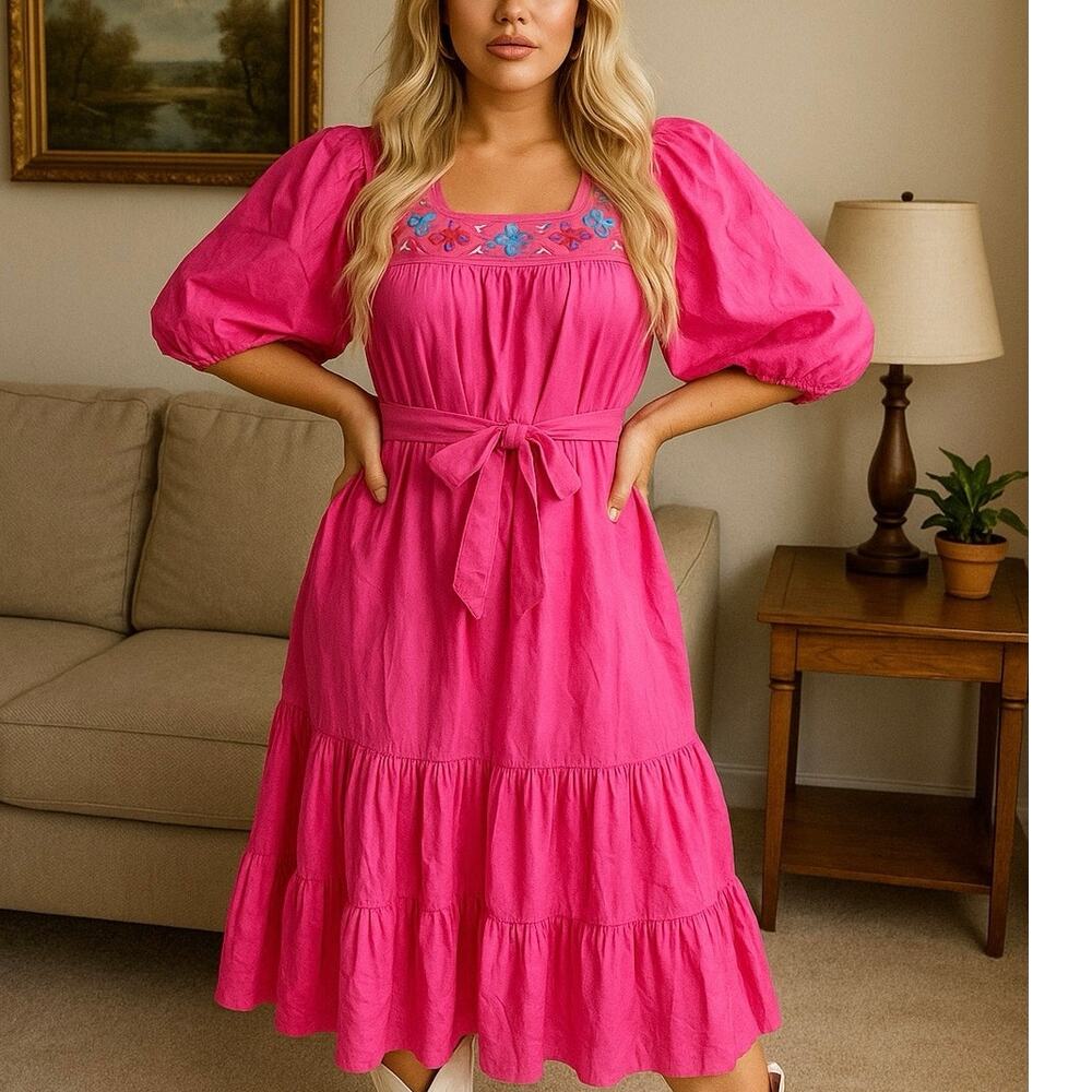 Vintage “Antique” Pink Embroidered Puff-Sleeve Dress – Medium Petite